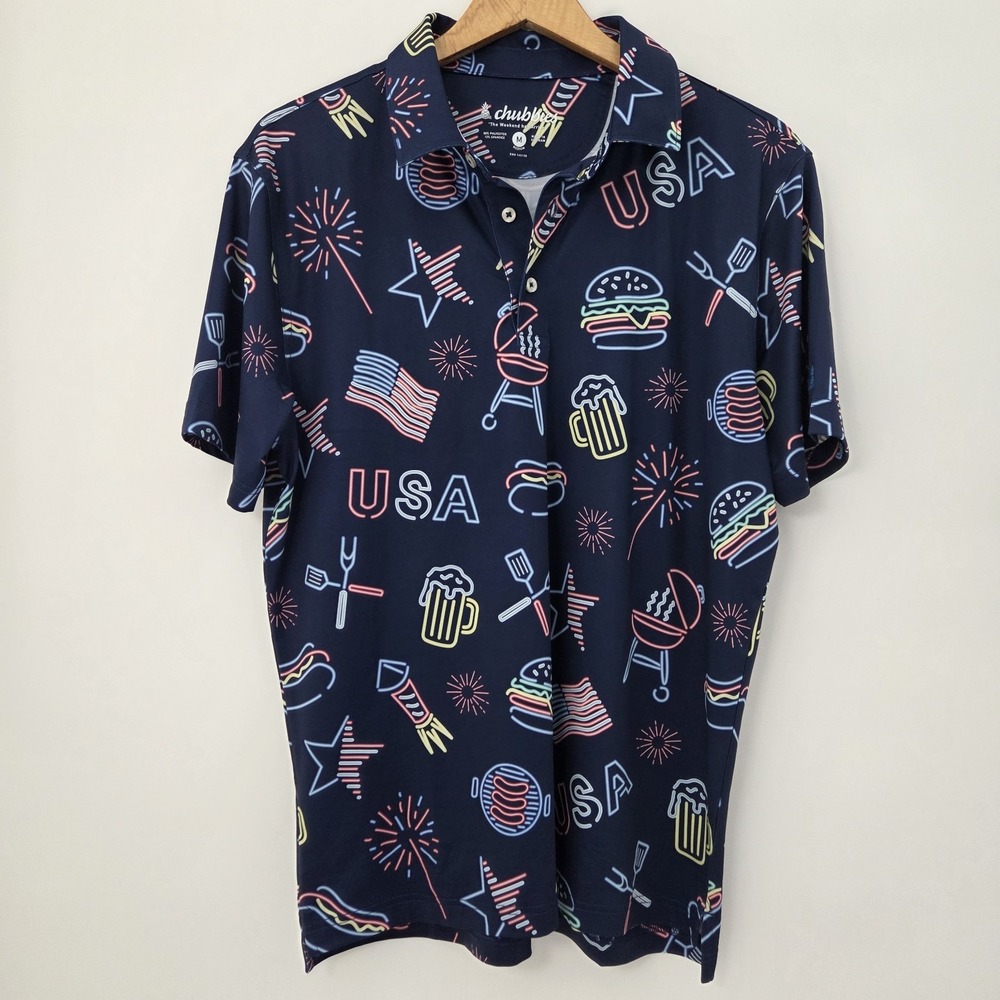 Chubbies Polo Shirt Sz Med Performance Neon USA July 4th Patriotic BBQ Beer Flag